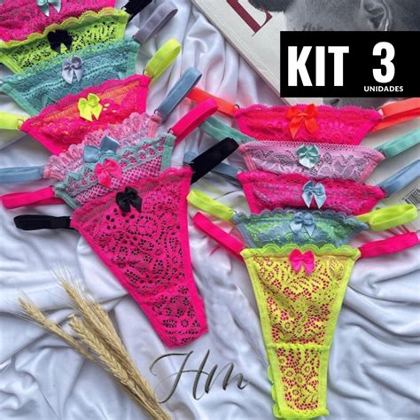 Kit Calcinhas Neon Sexy Regulagem Tanga Fio Renda Bicolor Regulagem Lingerie Feminina