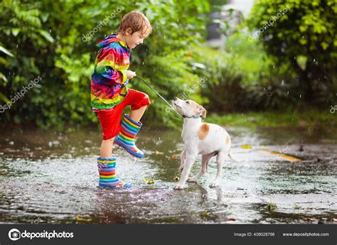 Kid Dog Playing Rain Autumn Park Child Walking Puppy Little Stock Photo