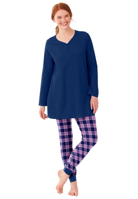 Dreams And Co Womens Plus Size Henley Tunic And Jogger Pj Set Pajamas