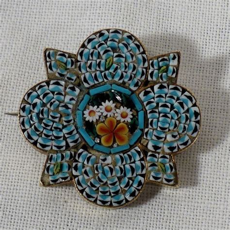 Rare Broche Micro Mosaïque Bleu Napoléon Iii Italie Xixème Bijou