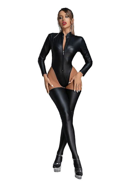 Black Wetlook Pvc Latex Bodysuit Faux Leather Catsuit Stocking Sexy Lingerie Catsuit Lady High