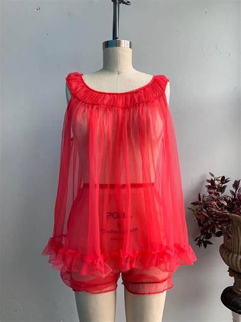 S S Red Hot Sheer Nylon Babydoll Lingerie Nightgown Bloomer Set By Glencraft Lingerie Etsy