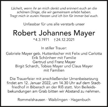 Traueranzeigen Von Robert Johannes Mayer Schwaebische De Trauerportal