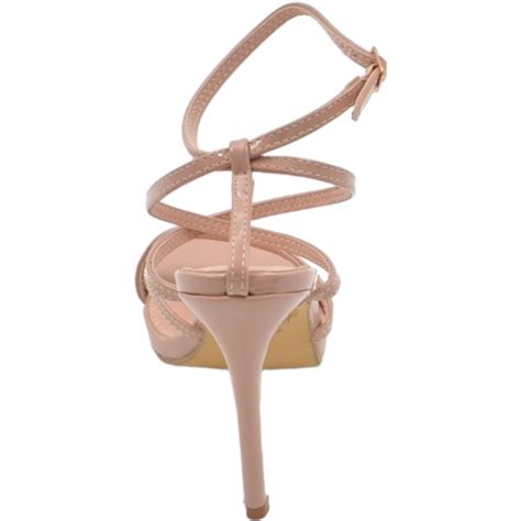Sandali Donna Cerimonia Con Fascette Incrociate In Ecopelle Nude Tacco Spillo Cm Allacciatura
