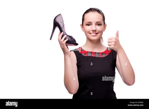 Woman With Shoe Isolated On White Stock Photo Alamy