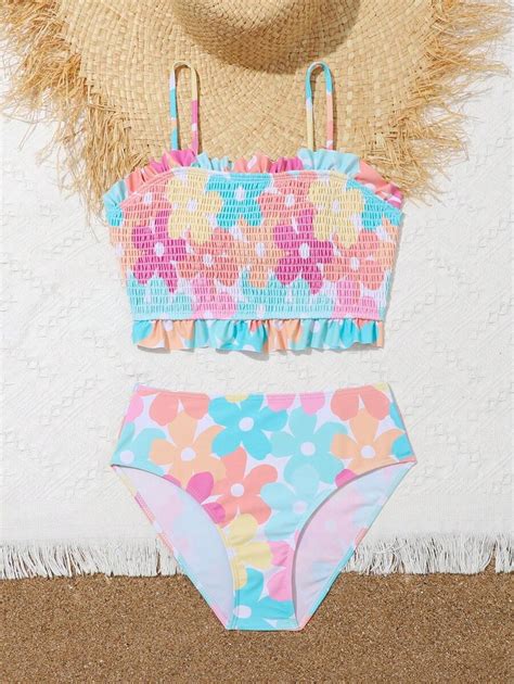 Teen Girl Floral Print Smocked Ruffle Hem Bikini Set Summer Beach Shein Usa