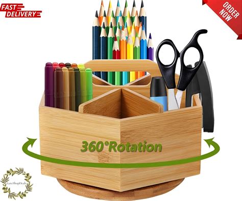 Bamboo Rotating Art Supply Desk Organizer Pencil Holder Organizer