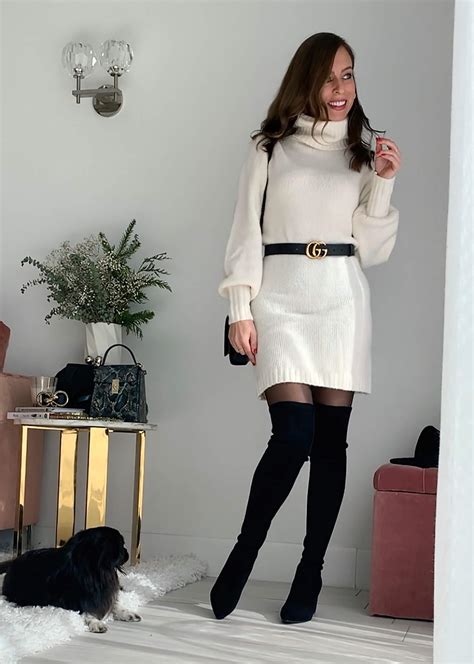 Sydne Style Shows How To Wear Over The Knee Boots With Sweater Dress