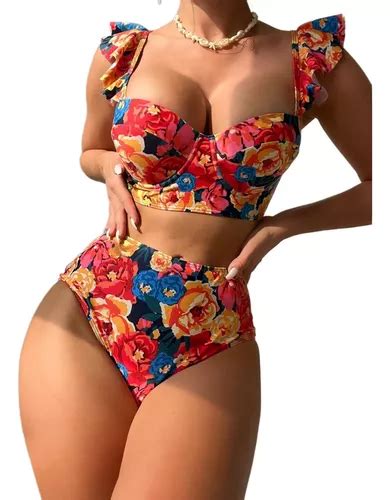 Traje De Baño Tipo Bikini Sin Espalda Con Estampado De Rosas Cuotas sin interés