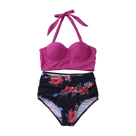 Women Push Up Halter High Waist Floral Printed Bikini Set Bra Padded Swimwear Bandage Swimsuit