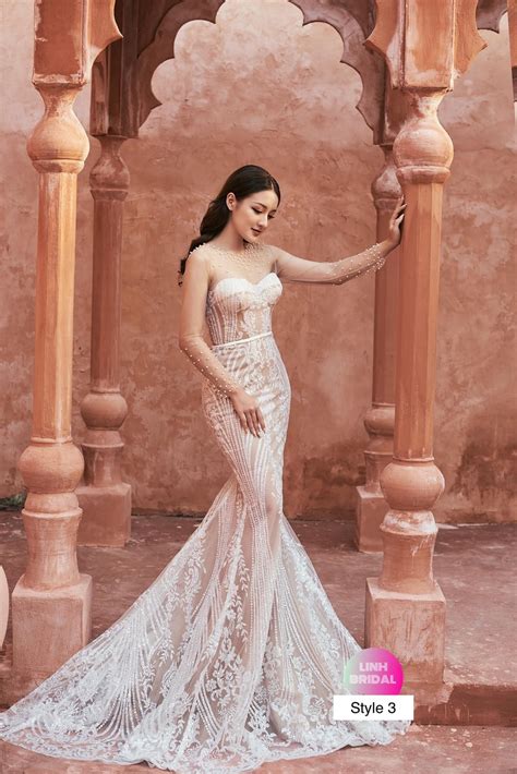 Sexy Nude Beige Tan Flutter Or Long Sleeves Lace Sparkly Mermaid Wedding Dress Various Styles