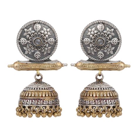 Peora Traditional Oxidised Silver Antique Afghani Tribal Floral Jhumki