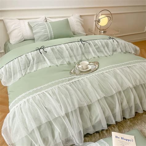 Amazon Soukechy Lace Ruffled Queen Duvet Cover Set Chic Bedding