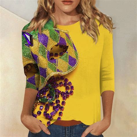 Kddylitq 2024 Mardi Gras Shirts For Women Elbow 34 Sleeve Graphic