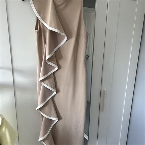 Nude Bodycon Midi Dress With Side Frill Detail Worn Depop