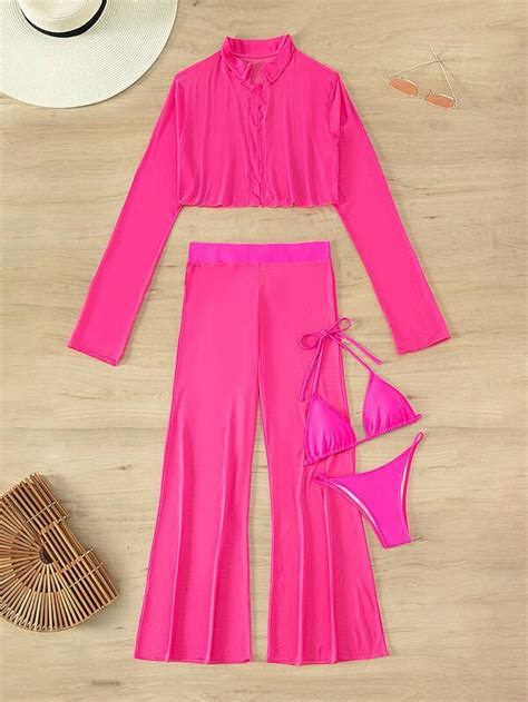 SHEIN Swim Vcay Conjunto de bikini transparente Sujetador triángulo halter Tanga Camisa