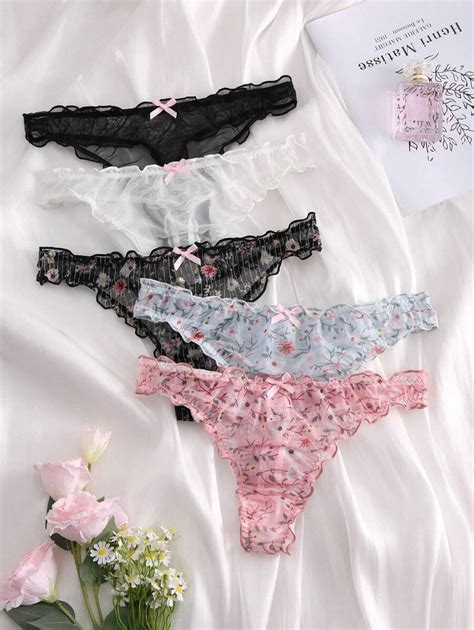 Snug Zone 5packs Floral Lace Bow Decor Sexy Thongs Lingerie Bow Tie SHEIN USA