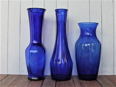 Vintage Cobalt Dark Blue Glass Vase Set Of 6 All Different Patterns