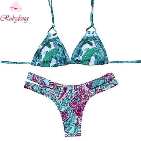 Rubylong Women Vintage Bikini Sexy Micro Swimsuit Brazilian Retro Push Up Printed Swimwear