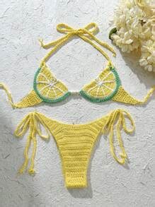 Swim Mod Conjunto de bikini de ganchillo con limón para vacaciones en la playa Moda de Mujer