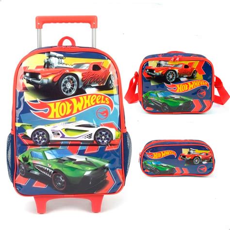 Kit Mochila Hot Wheels De Rodinha Lancheira Estojo Infantil Luxcel