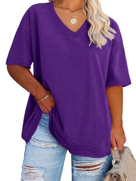 Langwyqu Solid Color V Neck Women Plus Size Casual Tee Shirt Loose Fit