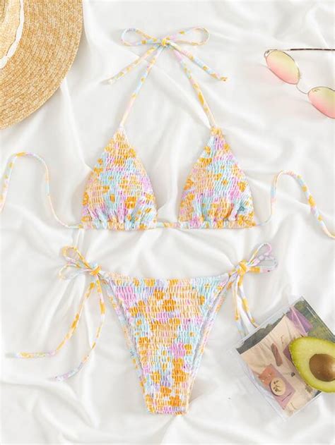 Shein Swim Mod Random Floral Print Bikini Set Smocked Halter Triangle Bra Top Tie Side Bikini