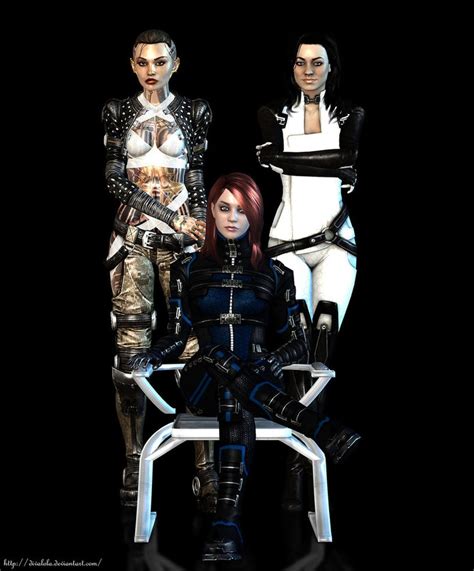 Three Women In Futuristic Garb Standing Next To Each Other On A Black Background