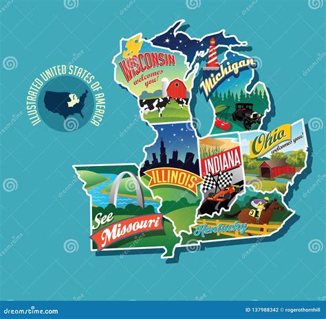 Illustrated Pictorial Map of Midwest United States. Stock Vector ...