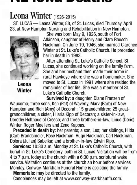 Obituary For Leona Winter Aged 88 ™