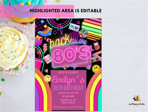 Editable 80s Birthday Party Invitation Back To The 80s Neon Etsy Uk