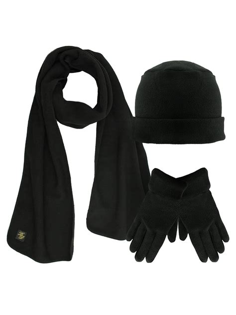 Luxury Divas Black 3 Piece Winter Adult Fleece Hat Scarf Glove Set