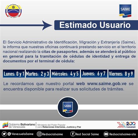 horario de atención del SAIME para cedula y pasaporte emision renovación