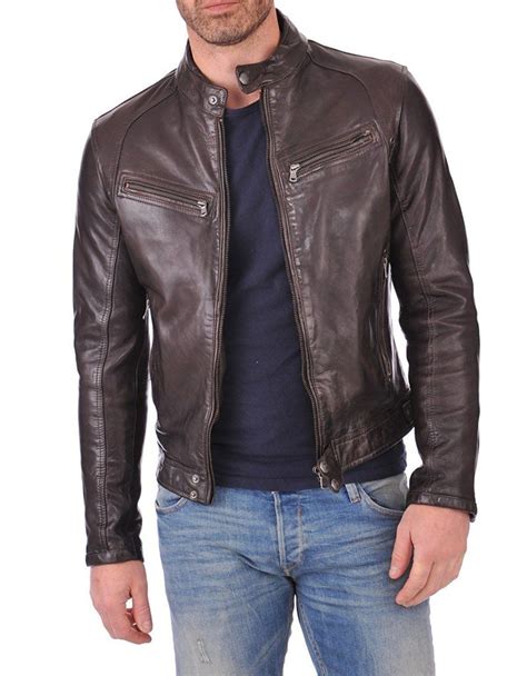 Mens Genuine Lambskin Leather Chocolate Brown Bomber Slim Fit Biker