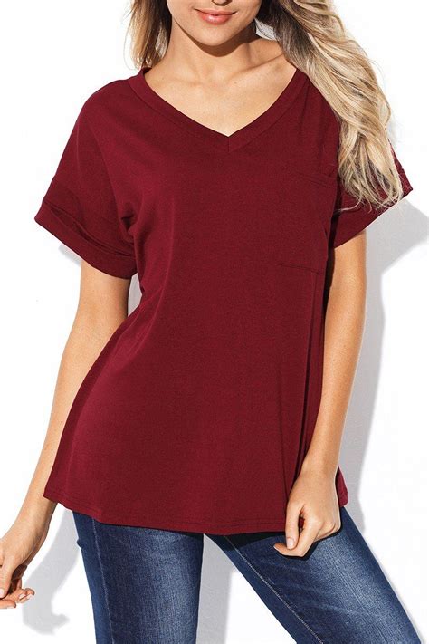 Burgundy Simple Fashion V Neck Pocket T Shirt In 2020 Casual Tops For