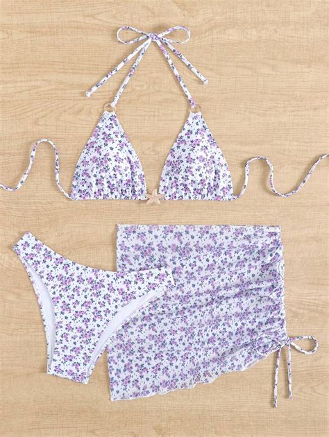 Conjunto de Maiô Bikini Sexy e na Moda Alças Vazadas Estampa Floral Fresca e Fofa Maiô