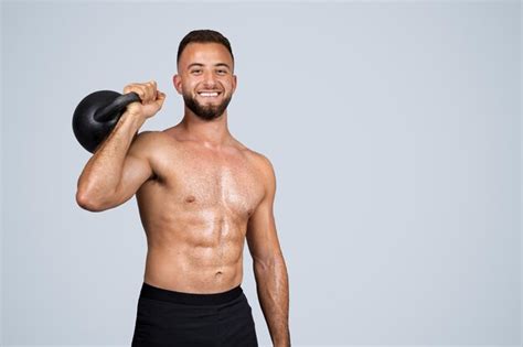Premium Photo Smiling Sweat Strong Muscular Millennial European Guy With Beard Naked Torso