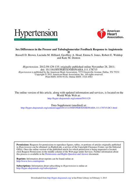 PDF Sex Differences In The Pressor And Tubuloglomerular Feedback Response To Angiotensin II