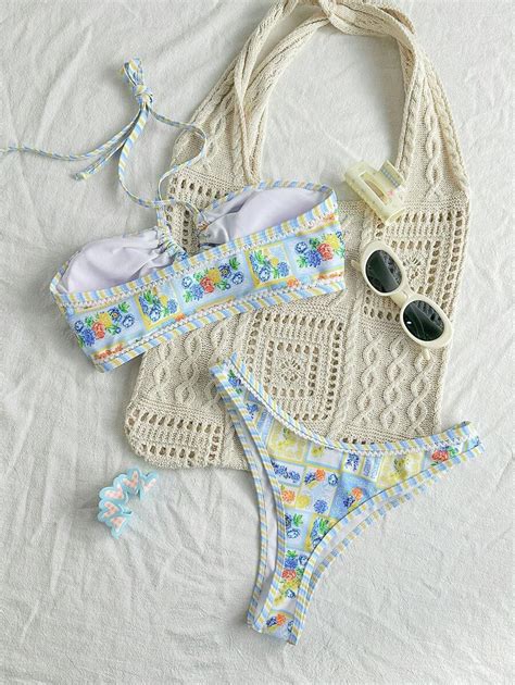 Swim Vcay Women S Two Piece Floral Print Bikini Set Cute Halter Top And High Cut Bottoms