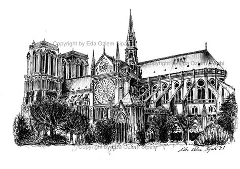Notre Dame Cathedral Artwork Hand Drawing Ink Pen Drawing Giclee