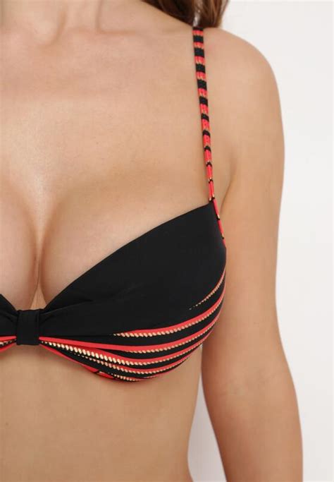 Czerwono Czarne Bikini 2 Częściowe w Paski Biustonosz na Cienkich Ramiączkach i Majtki Figi