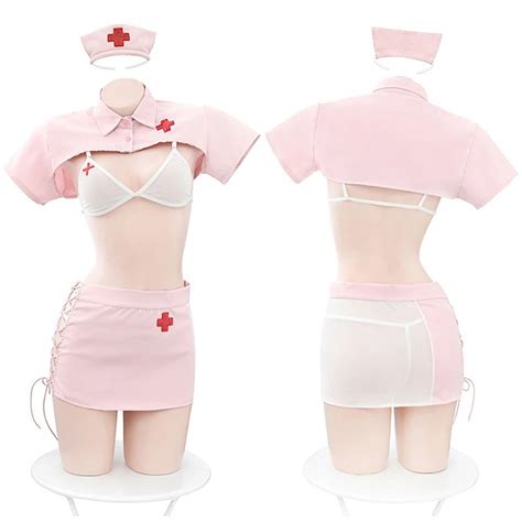 Anime Girl Pink Nurse Unifrom Women Pajamas Outfits Bandage Hollow Sweet Lingerie Costumes
