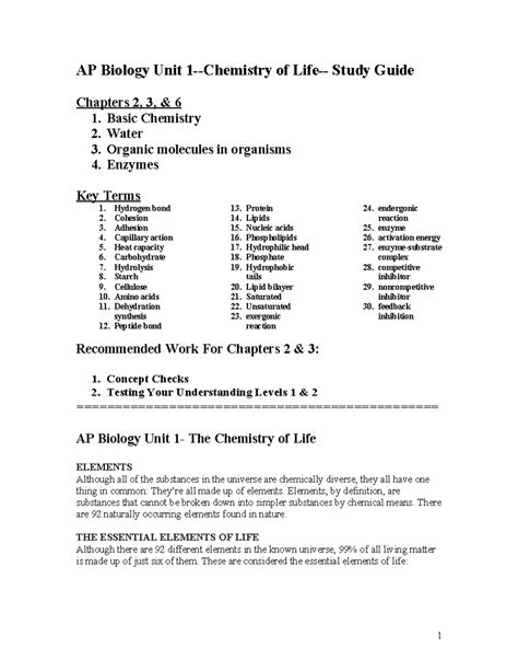 AP Bio Unit 1 Packet The Chemistry of Life 2022 - AP Biology Unit 1