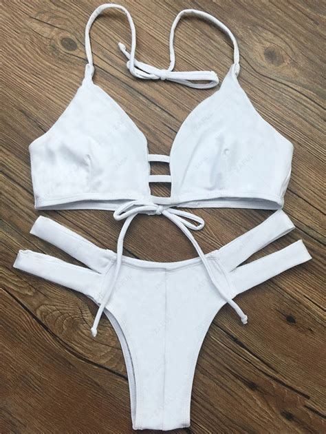 String Halter Unlined Bikini Set WHITE Bikinis ZAFUL