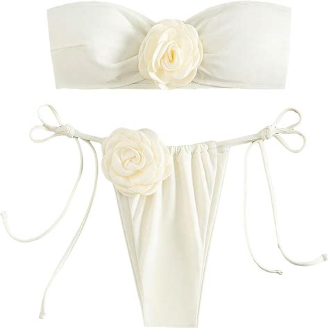 Amazon Makemechic Women S Piece Bandeau Swimsuit D Floral Tie Side High Cut Bikini Set