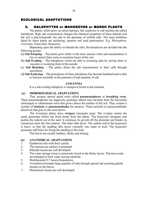 Ecology Note 6 Halophytes 16 ECOLOGICAL ADAPTATIONS HALOPHYTES Or