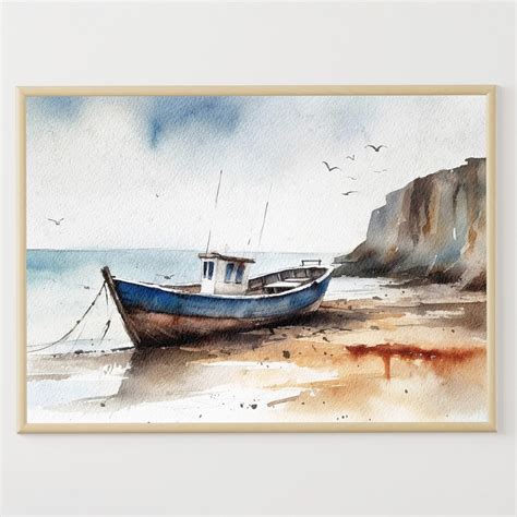 Old Boat Painting Fishing Boat Art Seascape Watercolor Coastal Wall Art ...