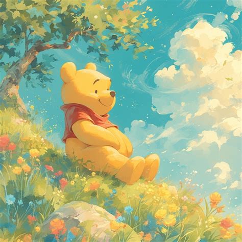 Premium Photo Winnie The Pooh Sitting On A Hill With Flowers And