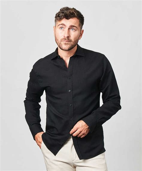 Mens Shirt From The Shirt Factory Portofino Black Linen Shirt Extra Long Sleeve Slim Fit