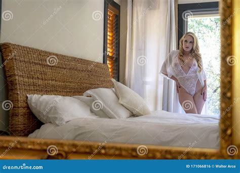 Gorgeous Blonde Model Poses In Lingerie In A Home Environment Stock Photo Image Of Home